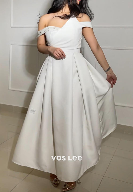 White A-Line Off the Shoulder Beaded Pleated Satin Evening Dresses