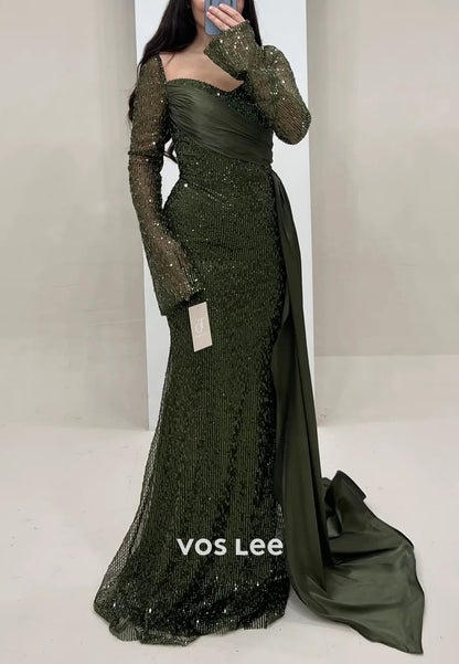 Long Sleeve Sweetheart Fully Sequined Beading Mermaid Evening Dresses with Sweep Train