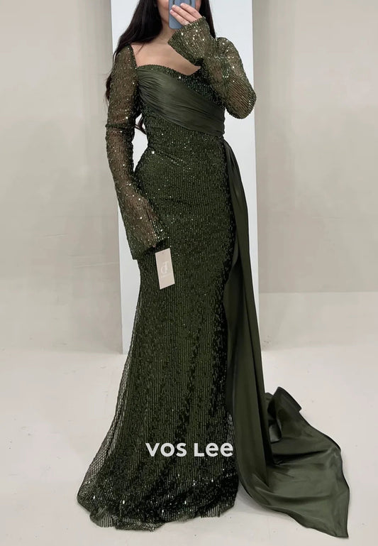 Long Sleeve Sweetheart Fully Sequined Beading Mermaid Evening Dresses with Sweep Train