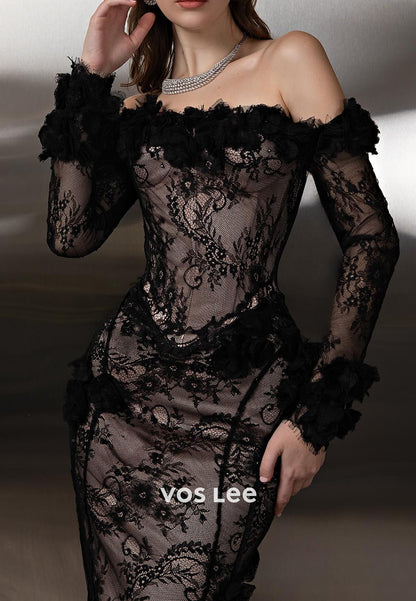 Black - Off the Shoulder Long Sleeve Mermaid Evening Gowns with Sweep Train