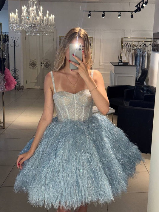 Gorgeous A Line Spaghetti Straps Blue Short Homecoming Dress with Feather
