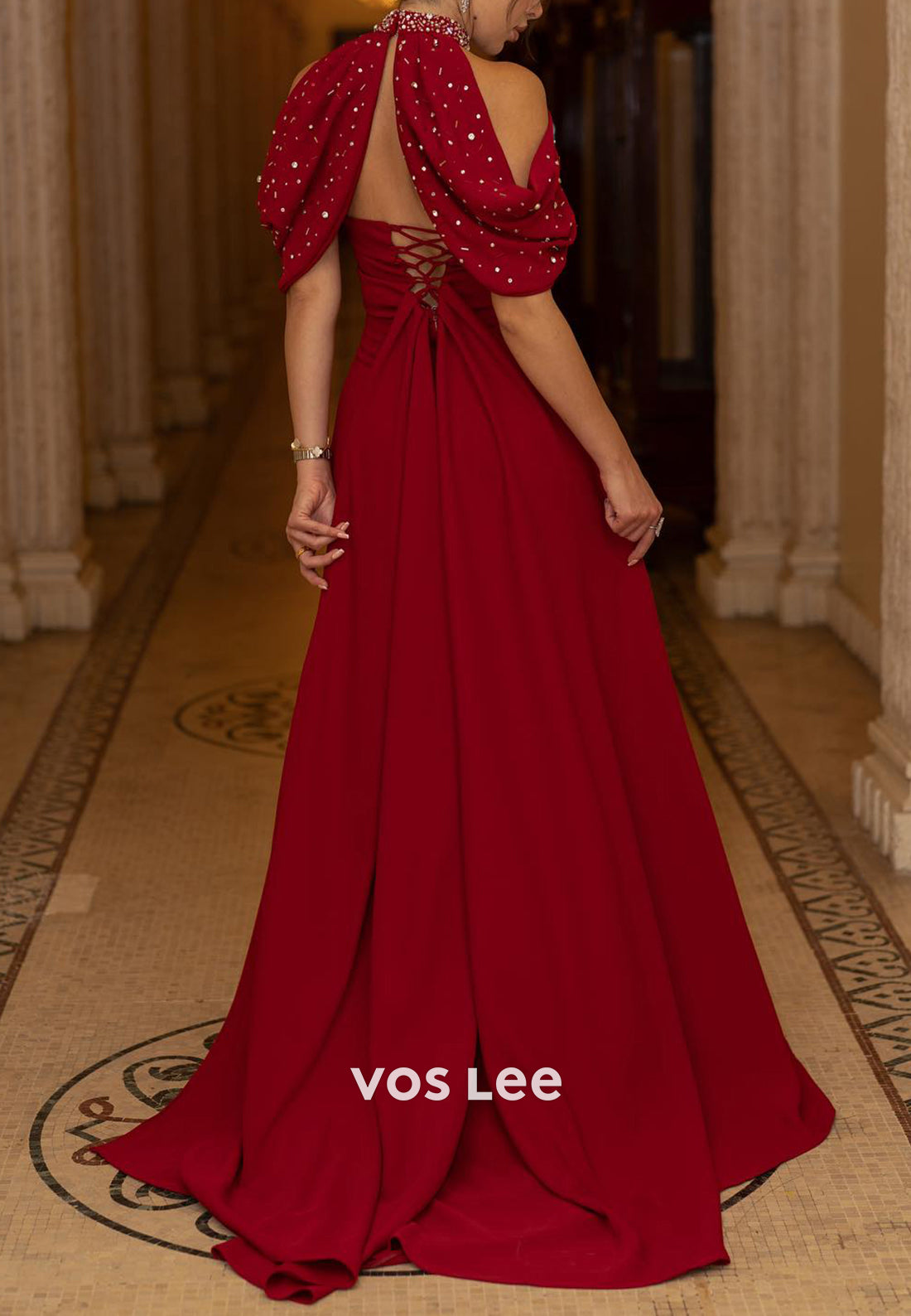 Burgundy Halter Beaded Embellished Mermaid Evening Dresses with Sweep Train