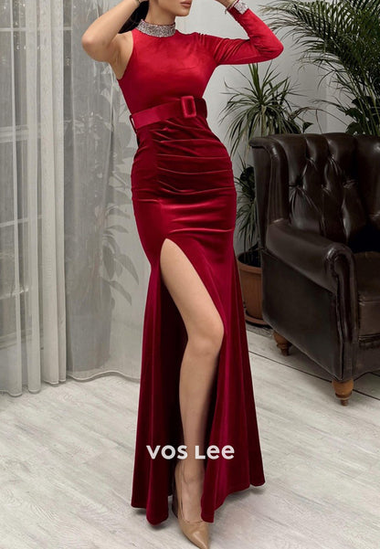 Long Sleeve High Neck Rhinestone Velvet Mermaid Evening Dresses with High Split