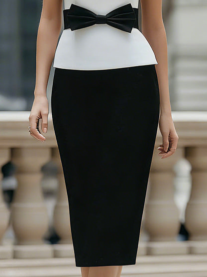 Elegant V-Neck Cap Sleeve Bow Belt Sheath Dress