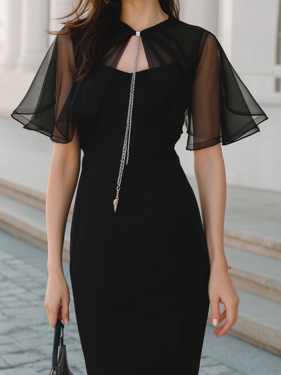 Elegant Black Sheer Cape Sleeve Pencil Dress