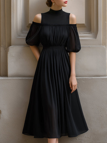 Cold-Shoulder Pleated Chiffon Midi Dress