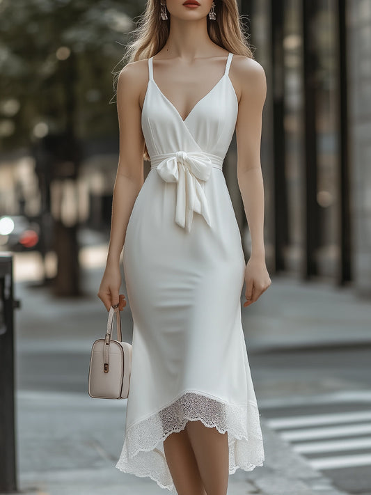 White Lace Hem Midi Dress With Bow Detail