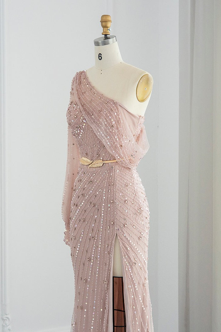 Pink Mermaid One Shoulder Evening Dress Side Split With Appliques Sequins