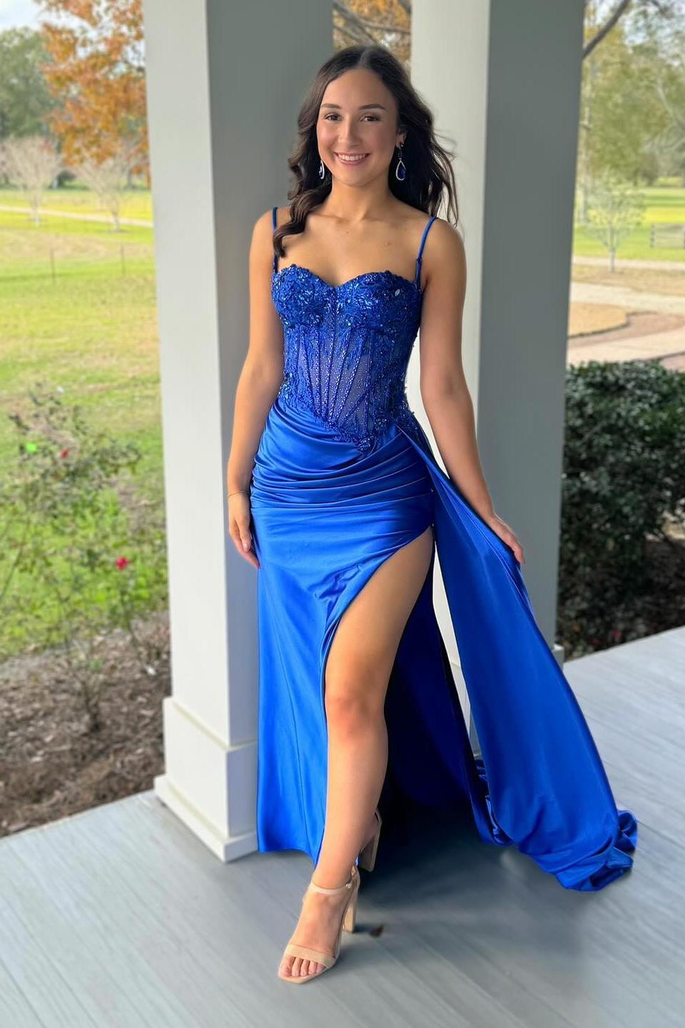 Spaghetti Straps Sage Beaded Satin Long Formal Dress