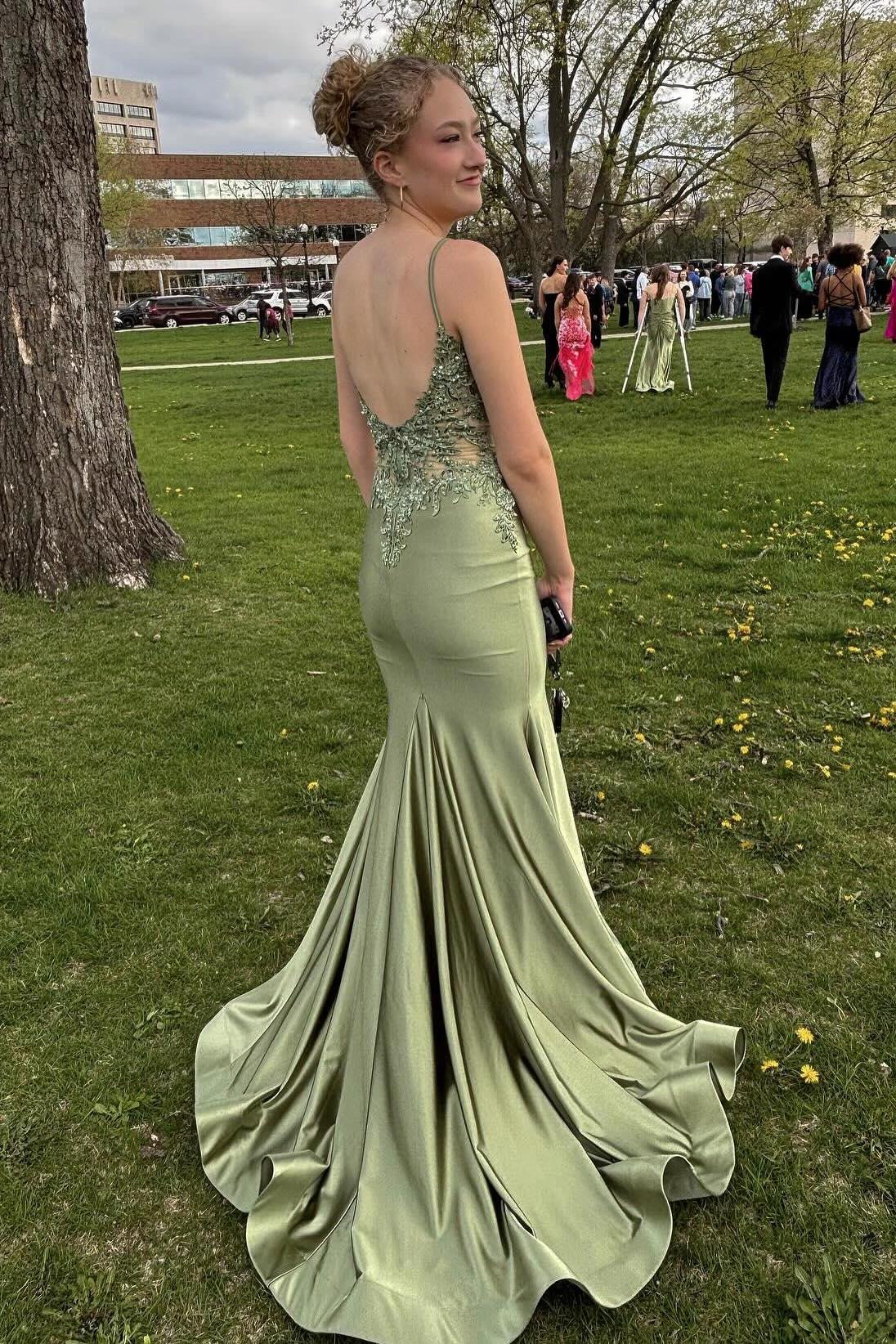 Spaghetti Straps Light Blue Appliques Mermaid Formal Dress