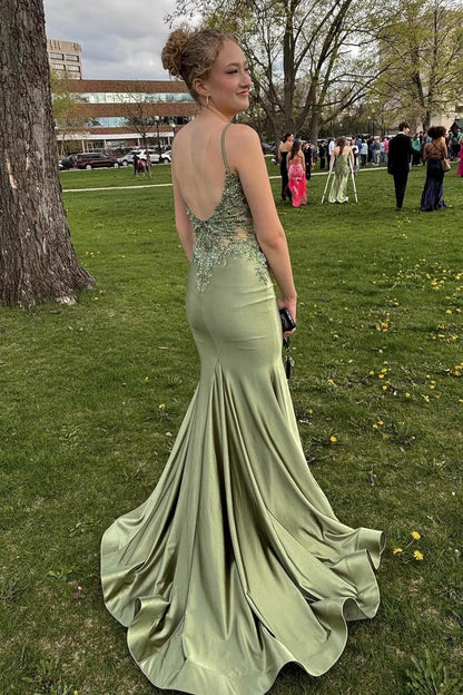 Spaghetti Straps Light Blue Appliques Mermaid Formal Dress