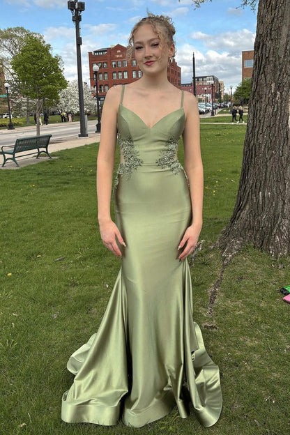 Spaghetti Straps Light Blue Appliques Mermaid Formal Dress