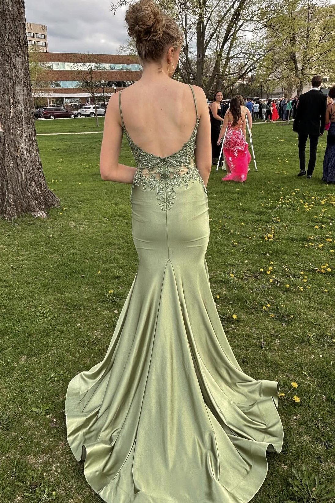 Spaghetti Straps Light Blue Appliques Mermaid Formal Dress