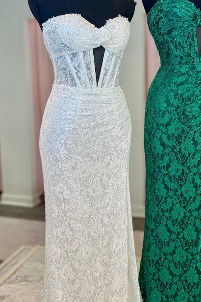 Sweetheart Corset Green Lace Fitted Ruched Long Prom Dress