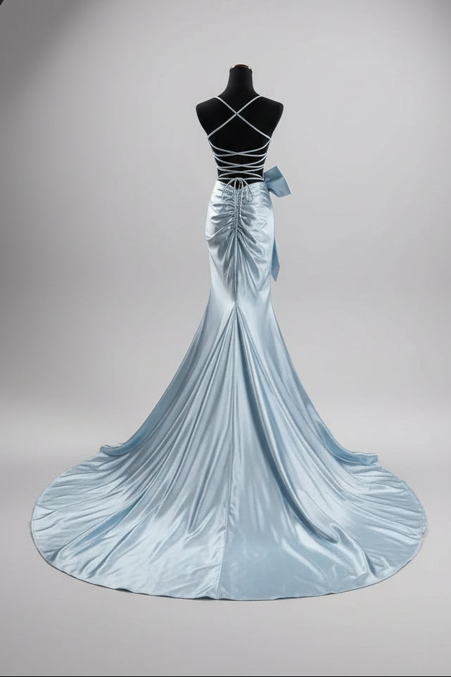Straps Lilac Satin Mermaid Formal Dress with Bow