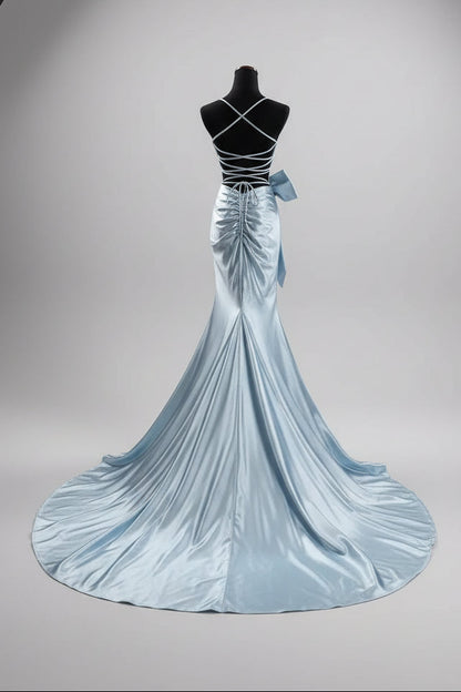 Straps Lilac Satin Mermaid Formal Dress with Bow