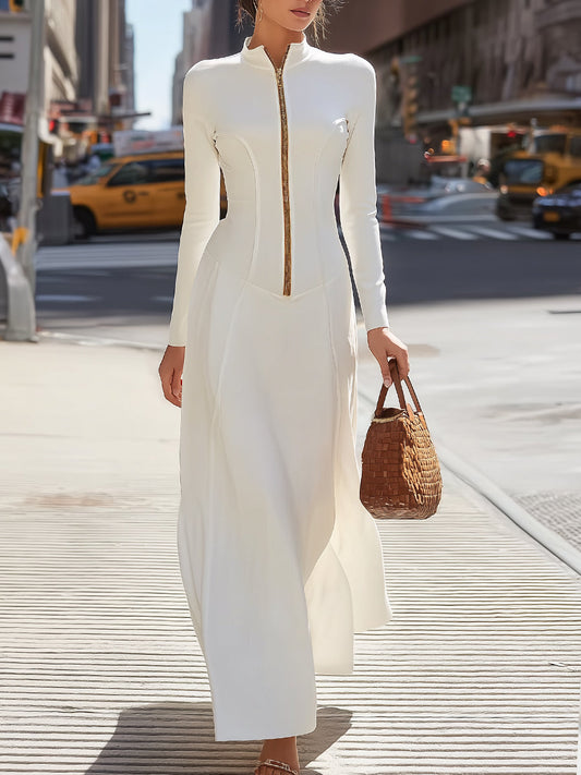 Ivory High-Collar Zip-Front Maxi Dress