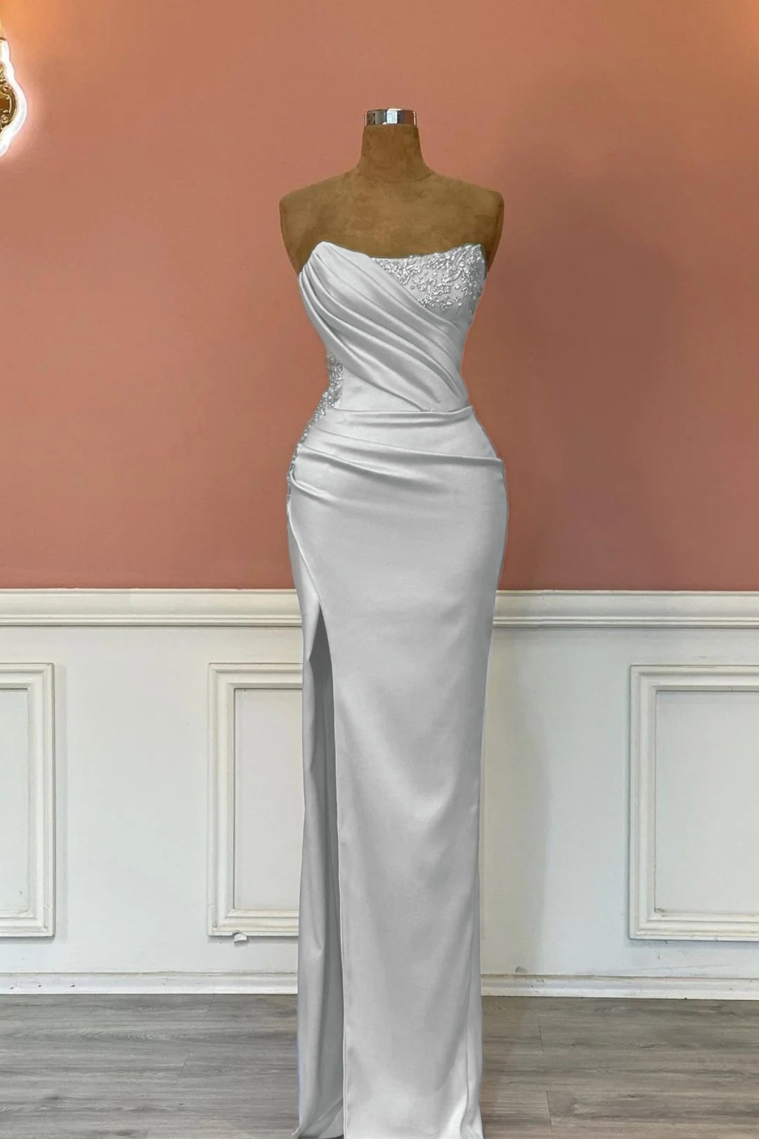 Satin Strapless Sleeveless Long Pleated Mermaid Prom Dress With Rhinstone And High Split