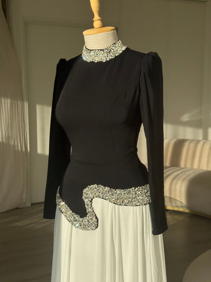 Dusty Pink High Neck Long Sleeve Crystal Waist A-Line Formal Evening Gown