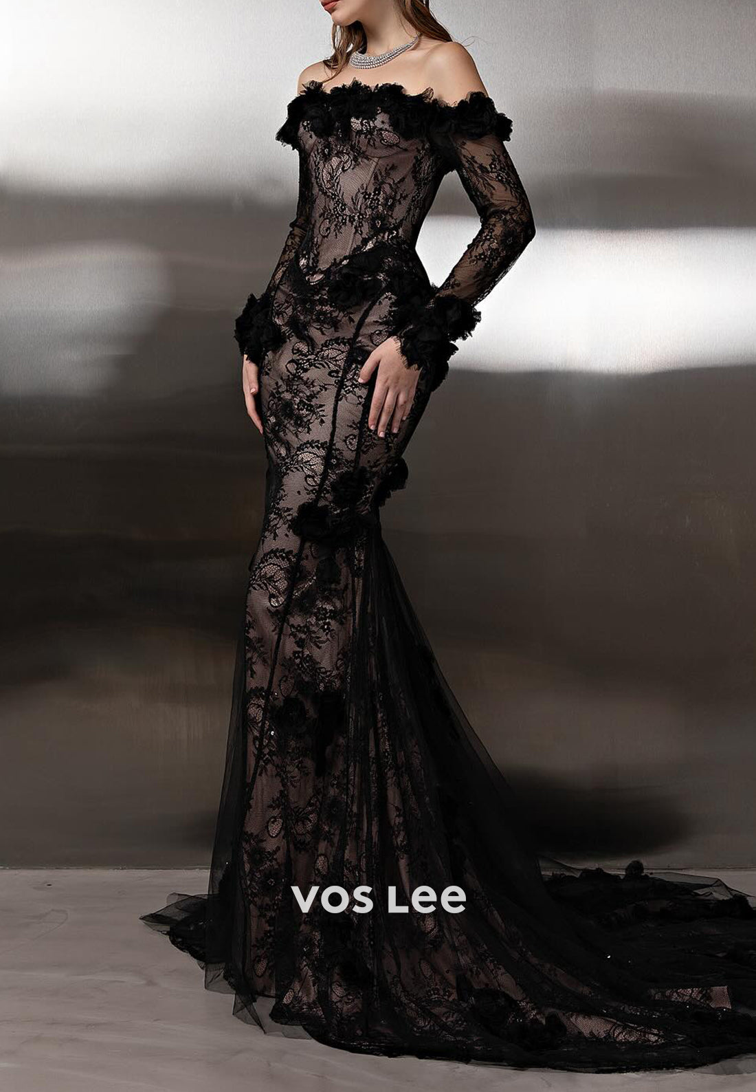 Black - Off the Shoulder Long Sleeve Mermaid Evening Gowns with Sweep Train