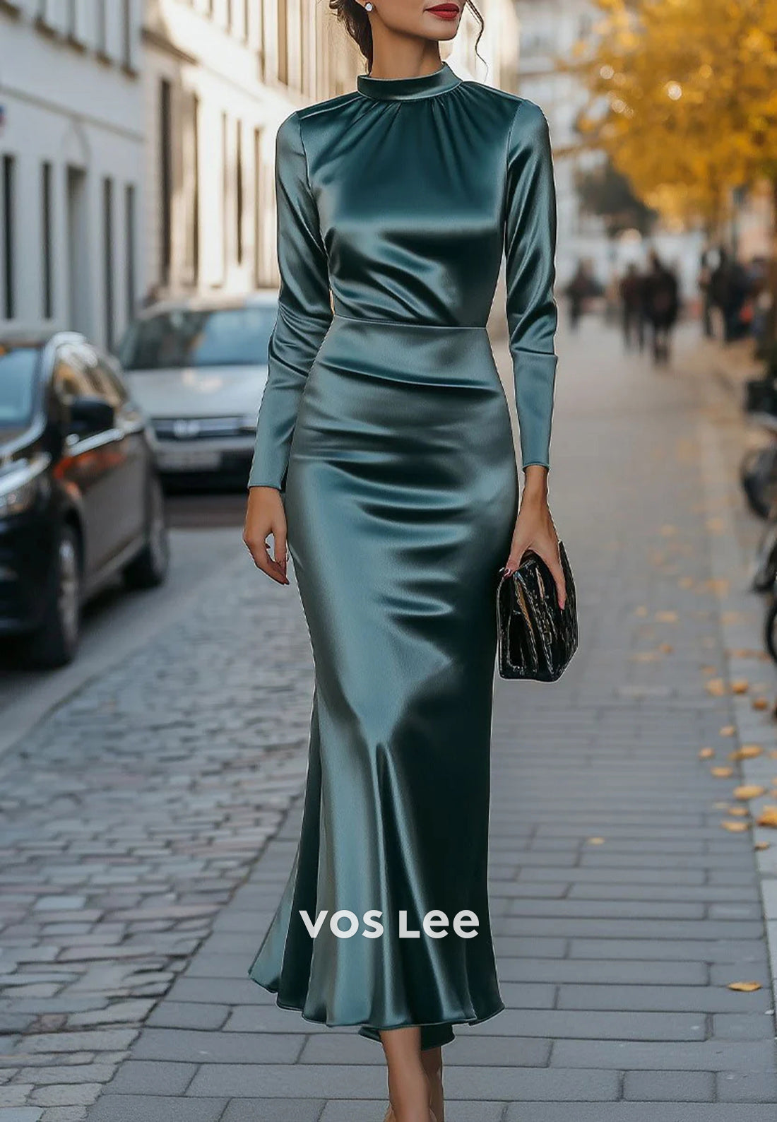 Simple Long Sleeve High Neck Ankle-Length Pleated Mermaid Wedding Guest Dresses