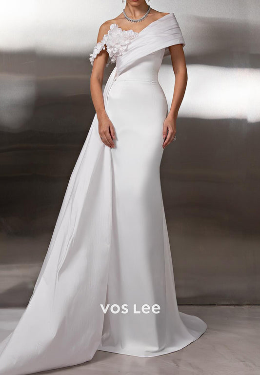 Sexy & Hot Asymmetrical Neck Satin Flowers Mermaid Prom Dresses