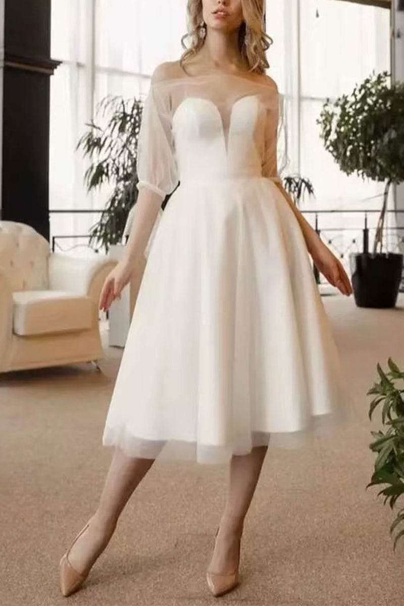 A-Line Tea Length Tulle Satin Little White Dress