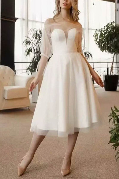 A-Line Tea Length Tulle Satin Little White Dress