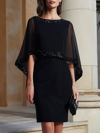 Mbellished Cape-Sleeve Sheath Dress