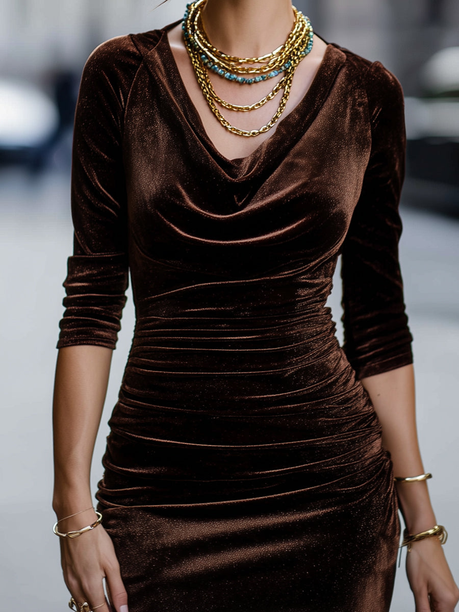 Chocolate Velvet Draped Bodycon Dress
