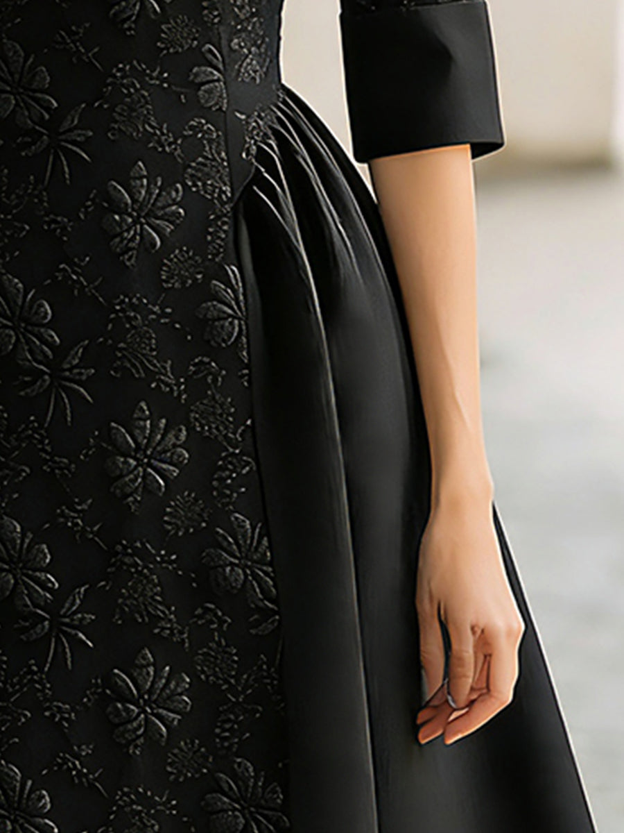 Elegant Jacquard Short-Sleeve A-Line Midi Dress