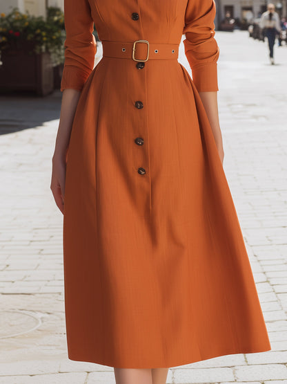 Tailored Pointed Collar Belted Midi Shirt Dress
