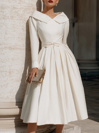 Pleated Midi Dress With Sculpted Collar