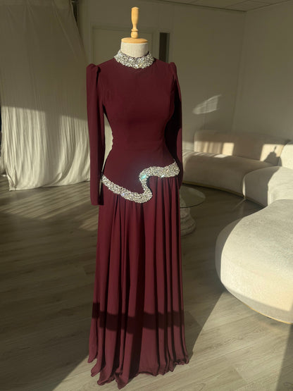 Dusty Pink High Neck Long Sleeve Crystal Waist A-Line Formal Evening Gown