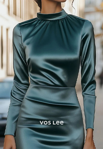 Simple Long Sleeve High Neck Ankle-Length Pleated Mermaid Wedding Guest Dresses