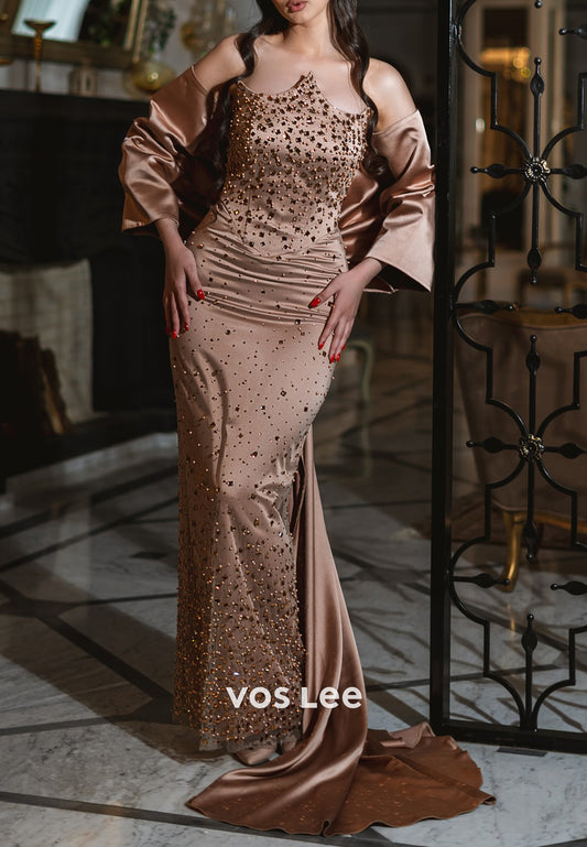 Sparkle & Shine Rhinestone Pleated Floor-Length Mermaid Evening Dresses