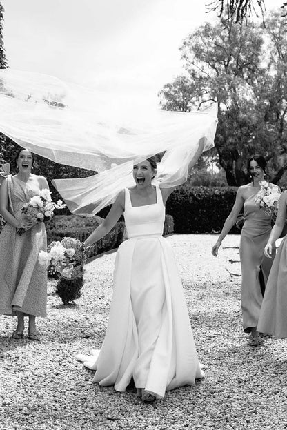 Elegant A Line Square Neck White Long Bridal Party Dress