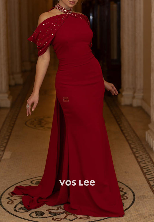 Burgundy Halter Beaded Embellished Mermaid Evening Dresses with Sweep Train