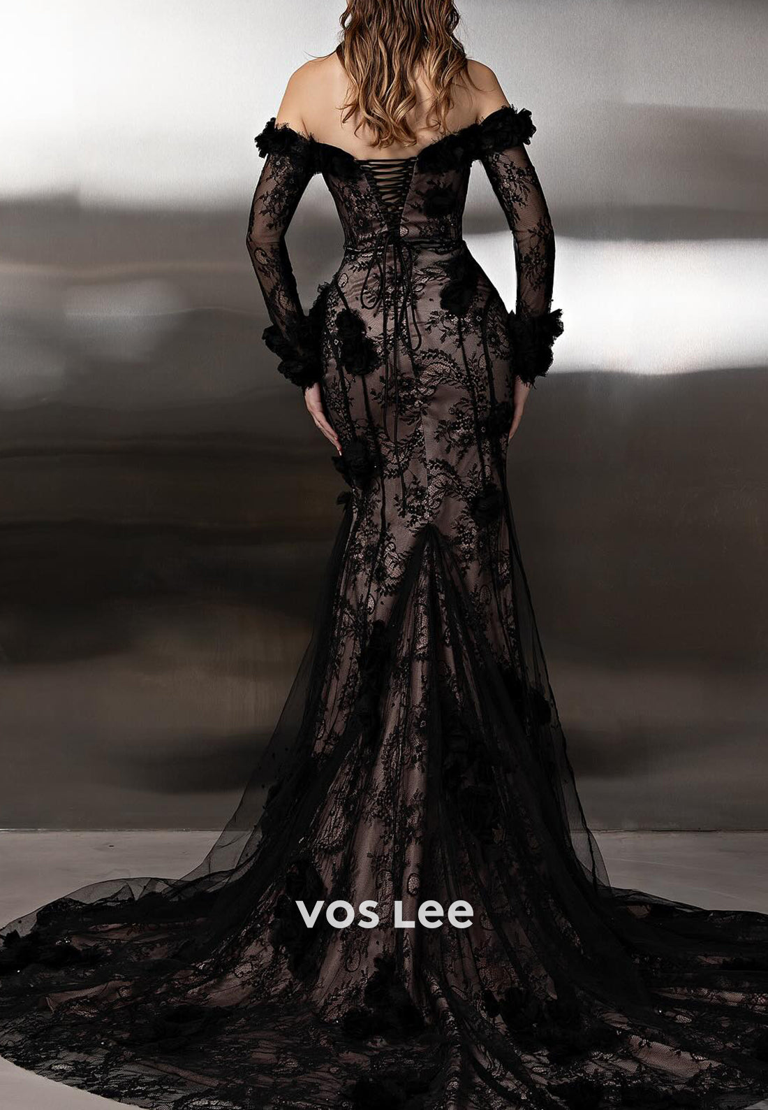 Black - Off the Shoulder Long Sleeve Mermaid Evening Gowns with Sweep Train