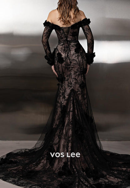 Black - Off the Shoulder Long Sleeve Mermaid Evening Gowns with Sweep Train