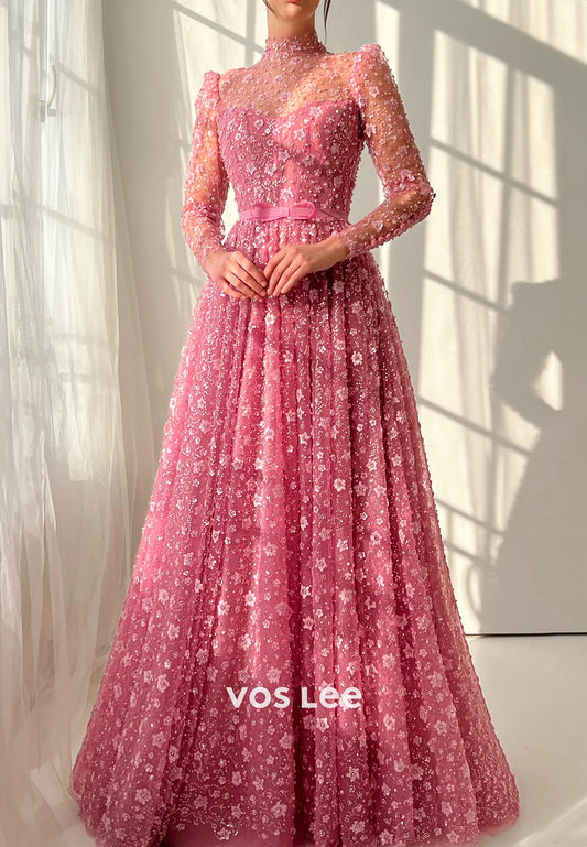 A-Line Long Sleeve Illusion Neck Pleated Floor-Length Prom Dresses
