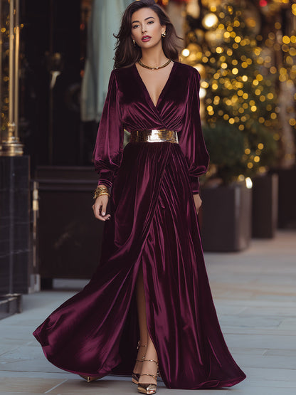 Velvet Burgundy Wrap Dress With Gold Belt
