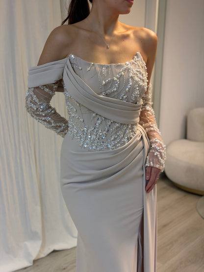 Elegant Off Shoulder Long Sleeve Lace Mermaid Gown with Side Slit
