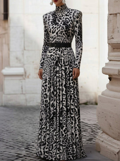 Velvet Leopard Print High-Neck Maxi Dress