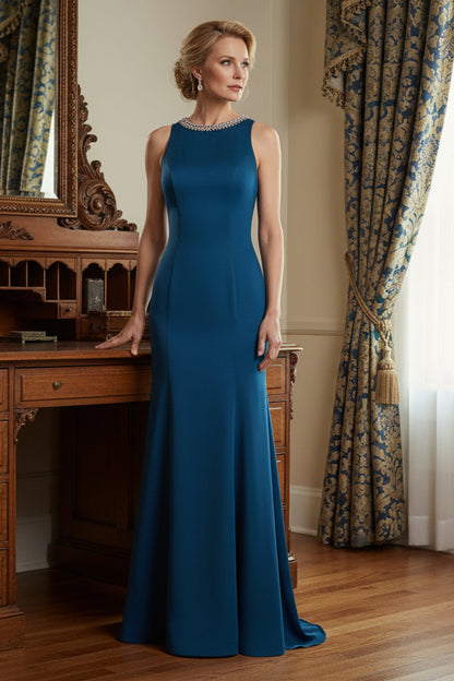 Teal Beaded Halter Neck Sleeveless Maxi Gown