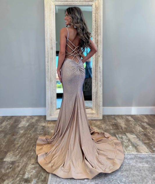 Mermaid Sequin Beaded Evening Dresses Sexy V Neck Prom Dresses Long