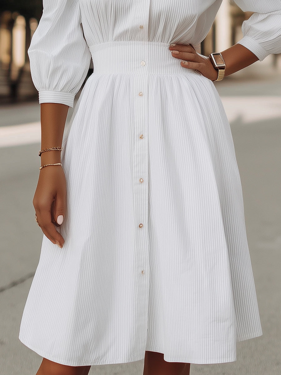 Pinstripe Texture Shirt Dress With Puff Sleeves