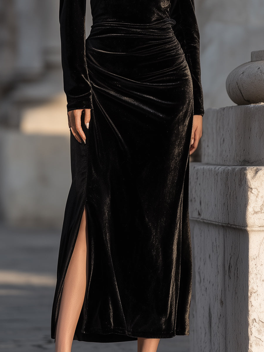 VOS LEE One-Shoulder Black Velvet Cocktail Dress