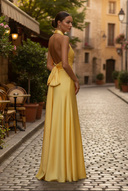 Yellow Satin Halter Neck Evening Gown - Backless Formal Dress for Wedding & Party
