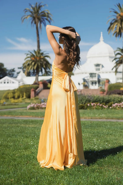 Yellow Satin Halter Neck Evening Gown - Backless Formal Dress for Wedding & Party